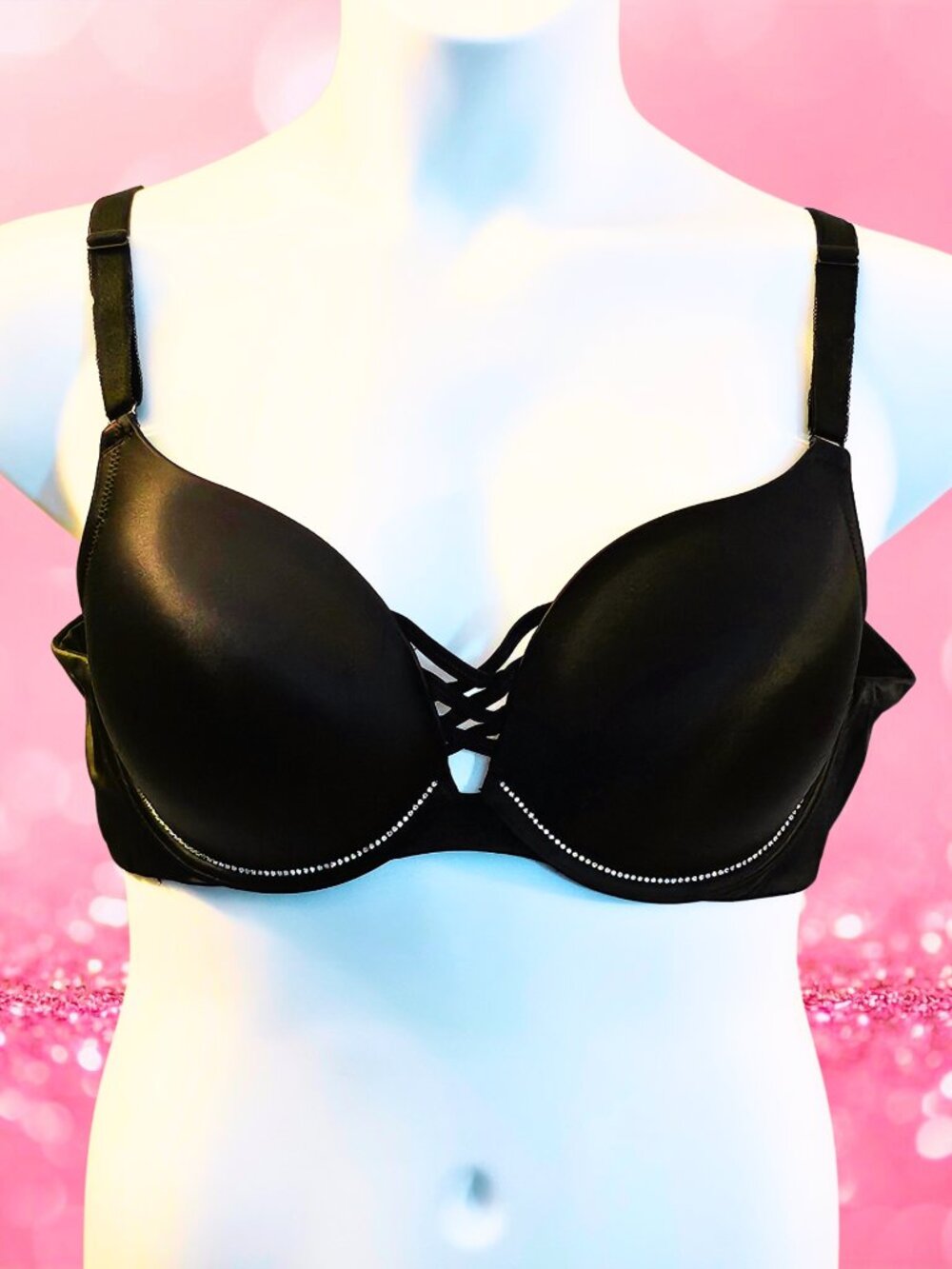 Torrid Black Push-Up Underwire Bra 40C Rhinestone Trim Crisscross Front